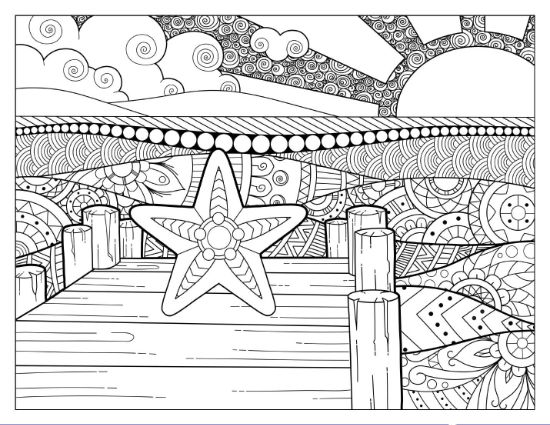Starfish on a pier with a patterned sun and clouds above, adult coloring page.