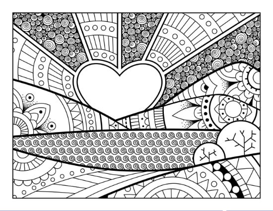 A heart-shaped sun rises over patterned hills and swirling skies, intricate coloring page.