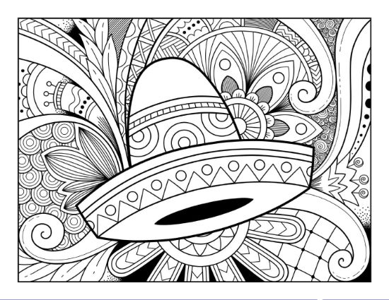 Sombrero with intricate patterns and flowers, detailed black and white coloring page.