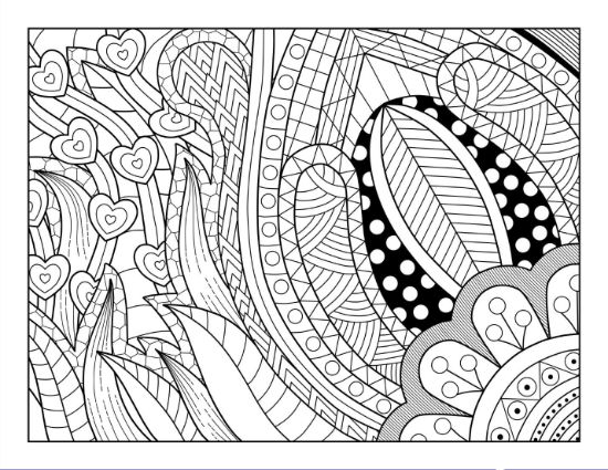 Intricate floral and organic patterns with hearts and polka dots adult coloring page.
