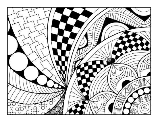 A vibrant abstract design with checkerboards, spirals, and circles, perfect for a coloring page.