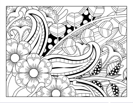 Intricate floral and heart patterns with bold lines and dots, a detailed adult coloring page.