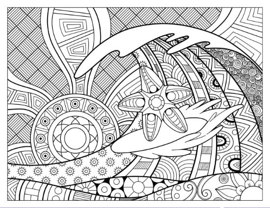 Ocean wave with surfing starfish and mosaic patterns adult coloring page.