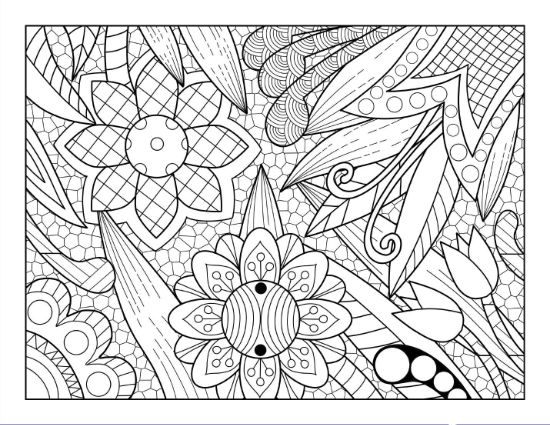 Flowers with diverse patterns and textures compose this nature-themed coloring page.