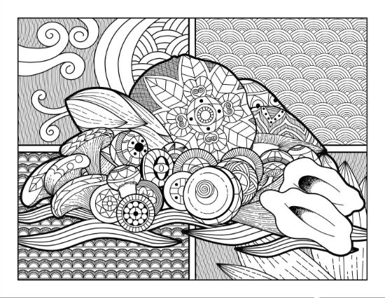 Abstract nature composition depicting stylized flowers, patterns, and swirling lines, coloring page.