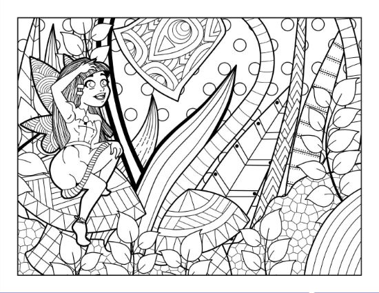 A whimsical fairy with swirling wings sits among detailed leaves and geometric patterns coloring page.