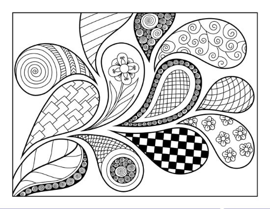 Paisley design with varied patterned teardrop shapes and a flower coloring page.