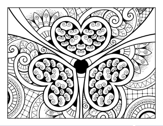Three hearts filled with swirls nestled among intricate mandalas coloring page.