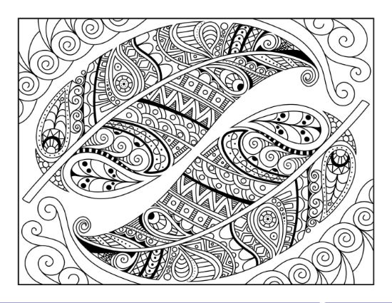 Two ornate mandala feathers with intricate patterns and swirled borders coloring page.
