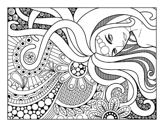 Woman with flowing hair and decorative swirls, flowers, and patterns coloring page.