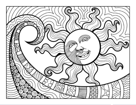 Smiling sun with swirl rays and intricate patterns on a wave adult coloring page.