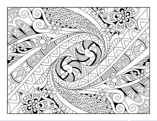 Intricate floral and organic swirling patterns with geometric accents adult coloring page.