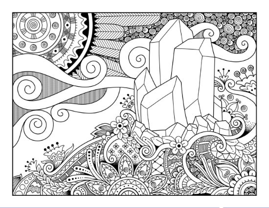 Crystals surrounded by ornate patterns and a sun, detailed adult coloring page.