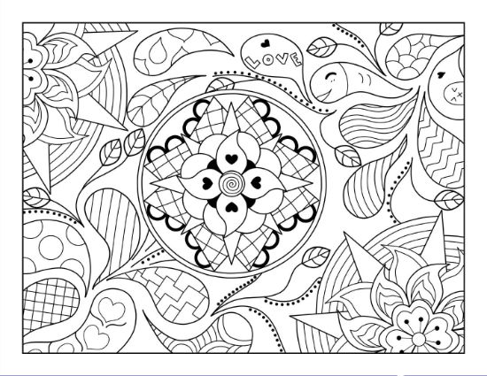Intricate mandala and floral design with paisleys, hearts, and the word "LOVE" coloring page.