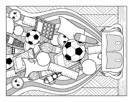 A school bag overflowing with books, soccer balls, and rulers coloring page.