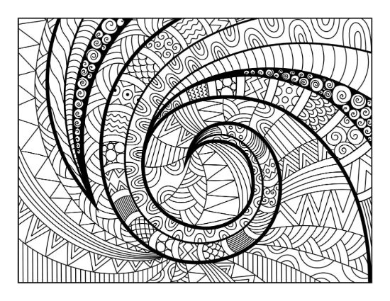 An abstract spiral design filled with diverse geometric patterns and textures coloring page.