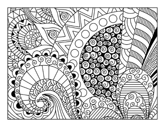 Abstract design with varied patterns including spirals, circles, and stripes coloring page.