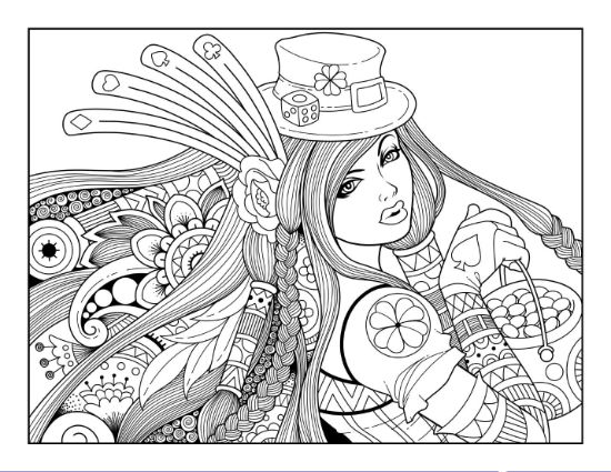 A woman in a top hat with long, flowing hair and patterned details coloring page.