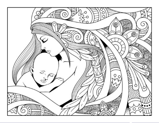 Mother holding baby surrounded by ornate, swirling, floral patterns coloring page.