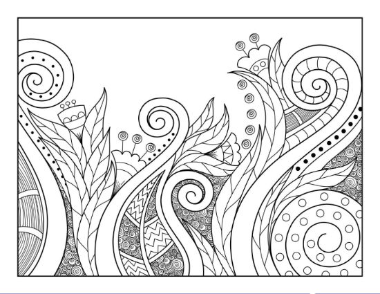 Abstract plant elements with leaves, patterns, swirls, and dots adult coloring page.