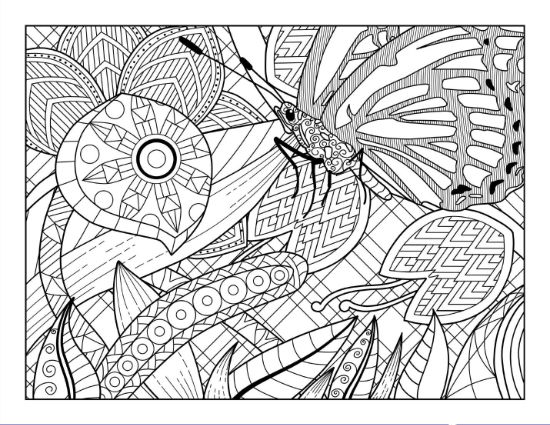 Butterfly with patterned wings amidst abstract flora and leaves coloring page.