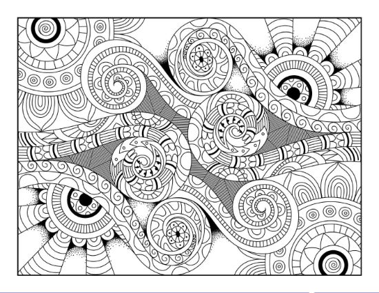 Intricate abstract patterns with swirling shapes and dotted accents, adult coloring page.