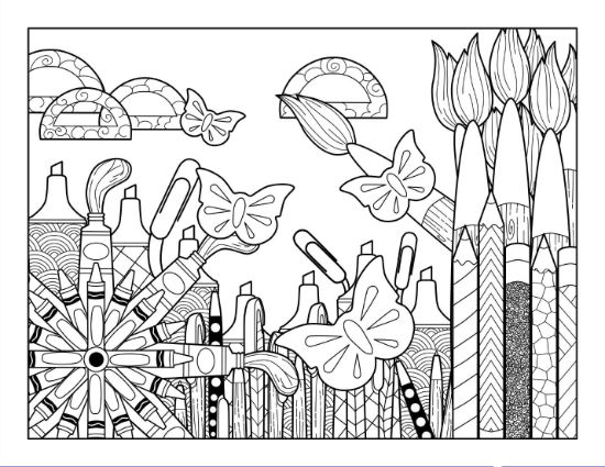 Art supplies with butterflies and intricate patterns create a detailed, engaging coloring page.