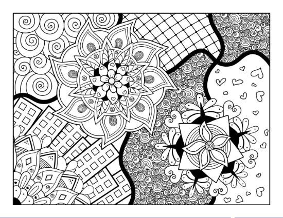An intricate mandala coloring page with flowers, swirls, geometric patterns, and hearts.