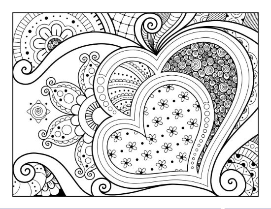 Hearts with floral and swirl patterns, surrounded by intricate mandalas, coloring page.