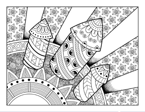 Intricate fireworks and a sunburst with star patterns create a festive coloring page.