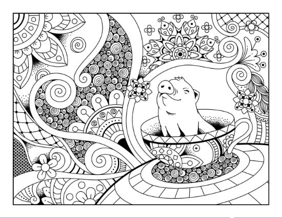 A happy pig in a teacup surrounded by swirling floral patterns coloring page.