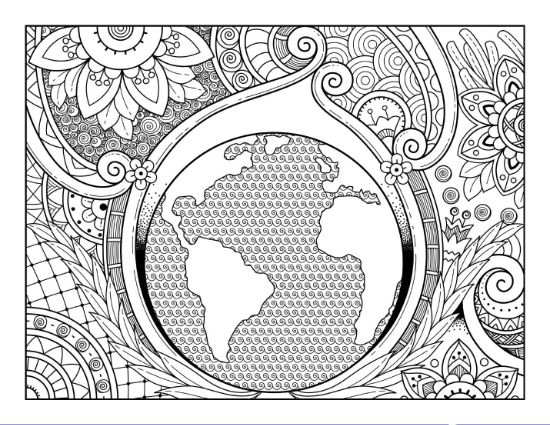 Stylized globe with intricate floral and swirl patterns representing earth, coloring page.