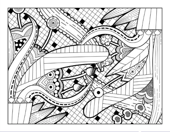 Abstract wavy lines and patterns create a detailed, dynamic coloring page.
