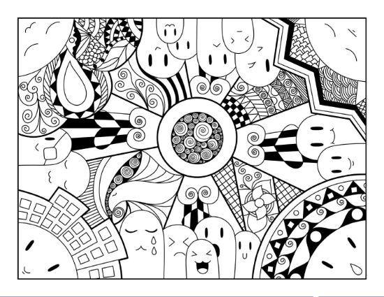 Whimsical doodle art with cute faces, geometric patterns, and swirling details coloring page.