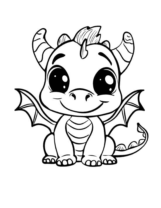 Sitting baby dragon with curved horns and folded wings smiling sweetly on a coloring page