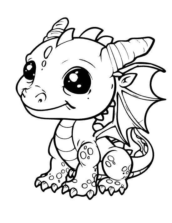Round baby dragon with curved horn and folded wing peering forward drawn bold and easy