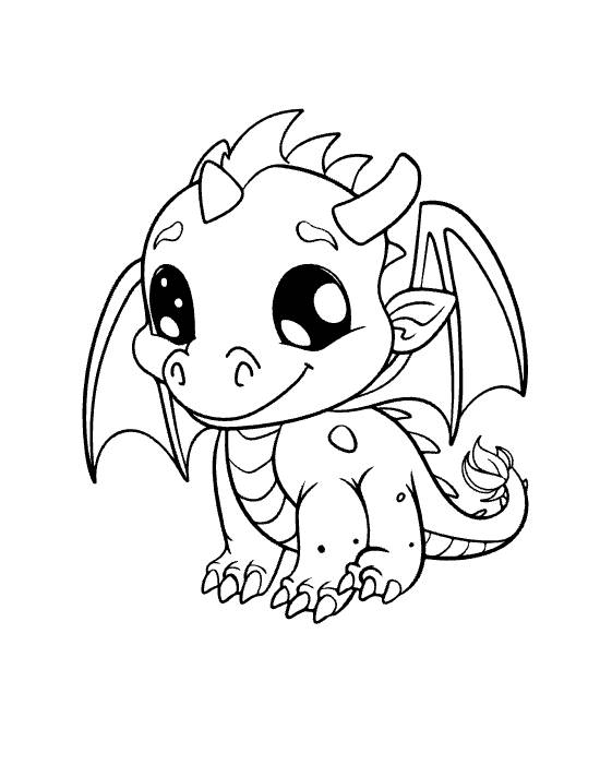 Small baby dragon with twin horns and a flame curled tail sitting low on a coloring page