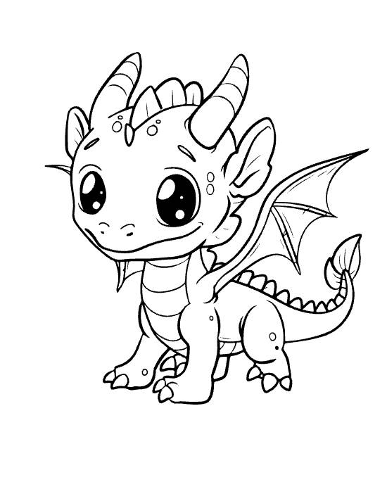 Standing baby dragon with twin horns and arrow tipped tail looking back on a coloring sheet