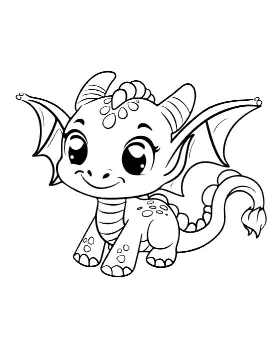 Hopping baby dragon with leaf tail tip and spread wings showing a striped belly on a coloring page