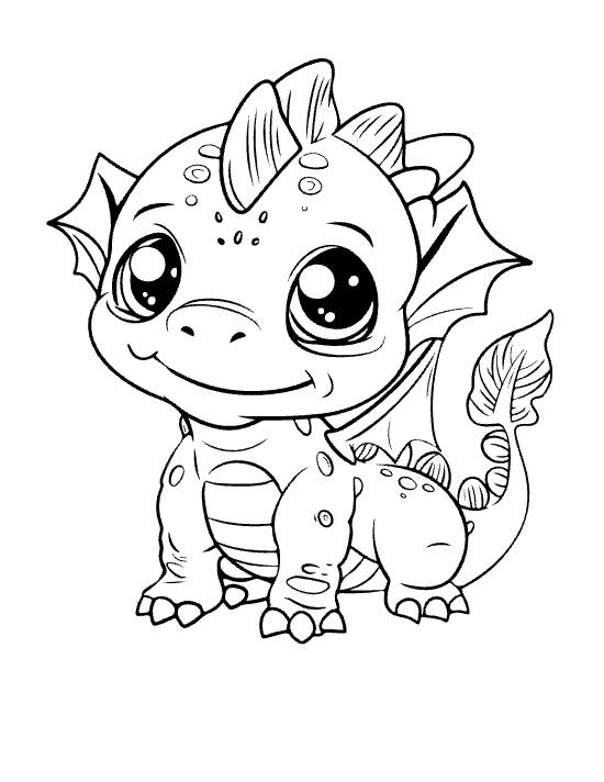 Crouching baby dragon with a single curled horn and leaf tipped tail drawn bold and easy
