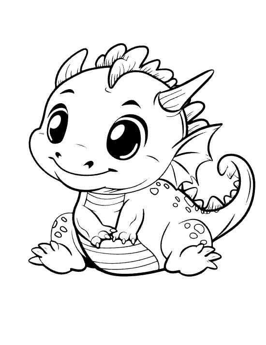 Sitting baby dragon with curled tail tip and shy folded wing smiling on a coloring page