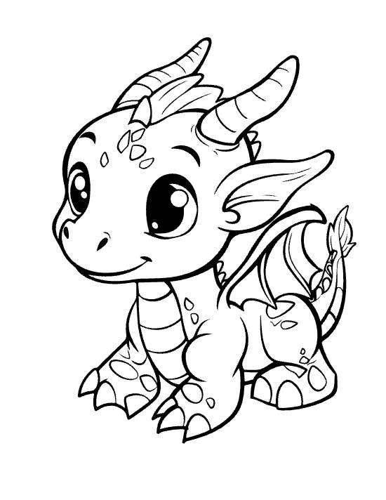 Plump baby dragon with spotted belly and leaf shaped tail tip lounging on a coloring sheet