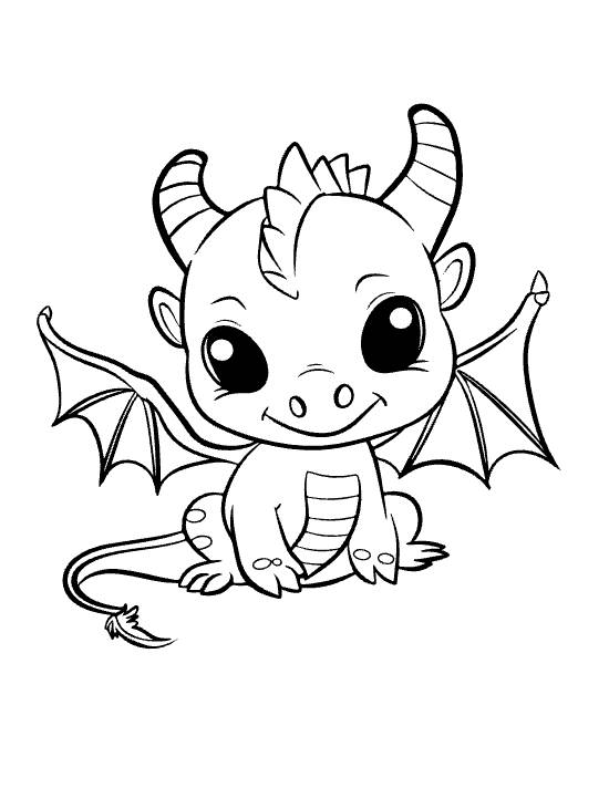 Centered baby dragon with both wings spread and a long feathered tail on a coloring page