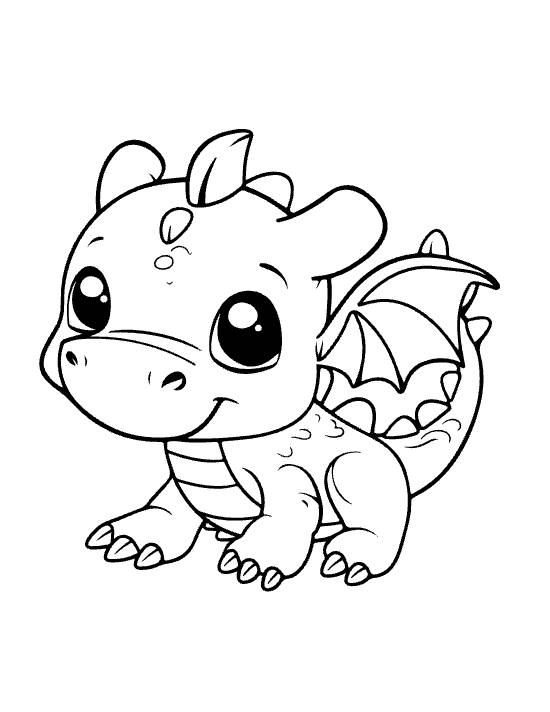 Compact baby dragon with single horn and curled tail tucked beside paws drawn bold and easy