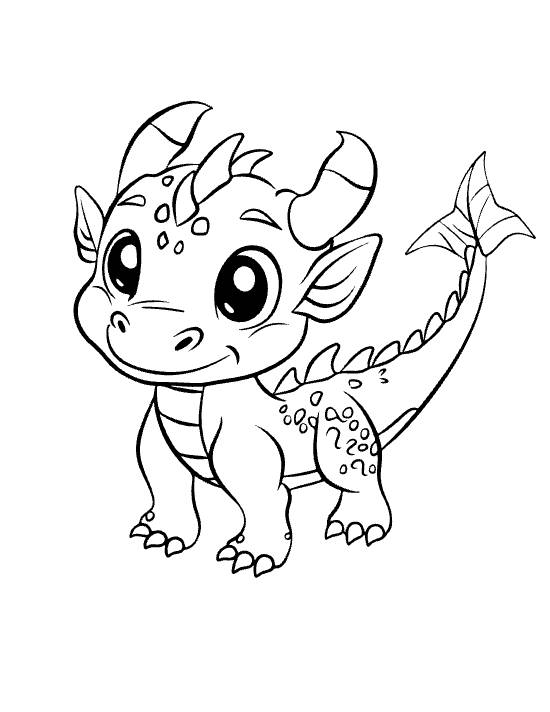 Standing baby dragon with fish fin tail tip and twin horns smiling on a coloring page