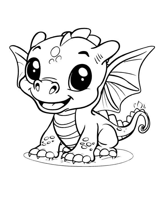 Cheerful baby dragon with flame-tipped tail and one spread wing drawn bold and easy