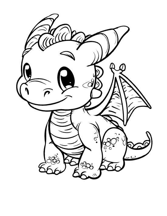 Sitting baby dragon with spotted belly and one folded wing surrounded by bubbles on a coloring sheet