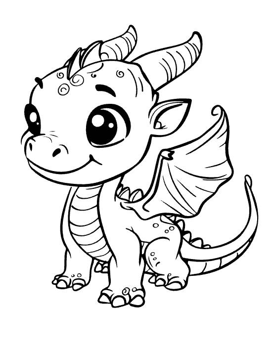 Standing baby dragon with curled horns and a striped chest and spread wing on a coloring page