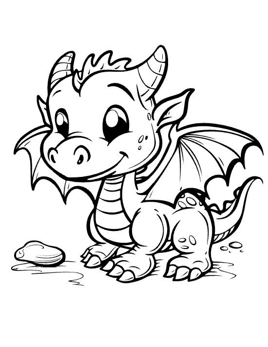 Lying baby dragon with spread wings and a small rock beside it smiling on a coloring page
