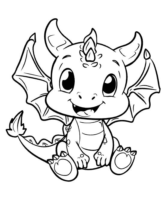 Seated baby dragon with both wings spread wide and a tiny horn drawn bold and easy
